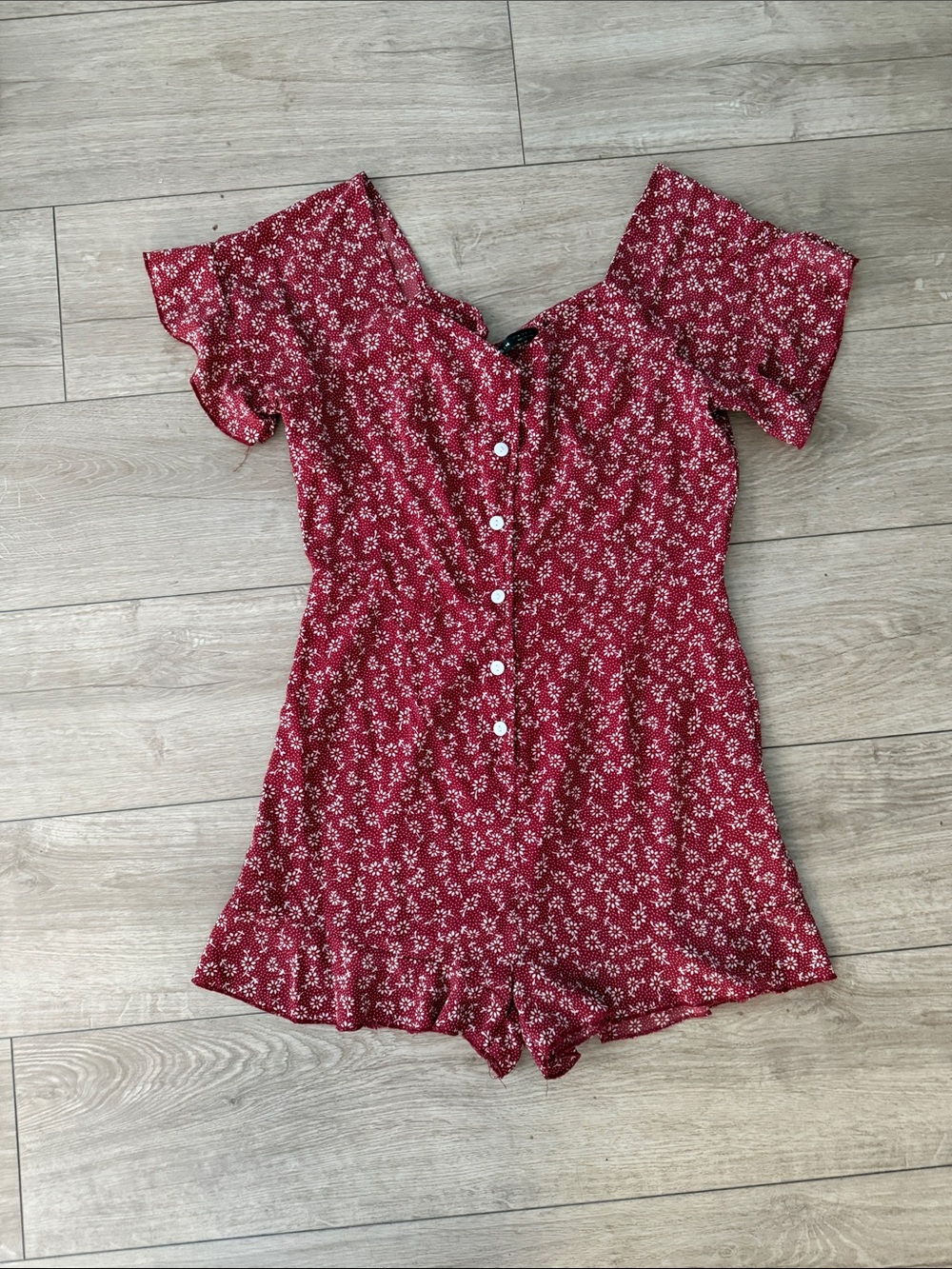 Red Floral Button-Front Off-Shoulder Romper